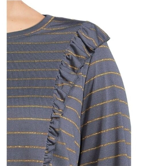 Terra & Sky 3X Long-Sleeve Blue Top With Gold Stripes Ruffle Accents - Picture 4 of 9
